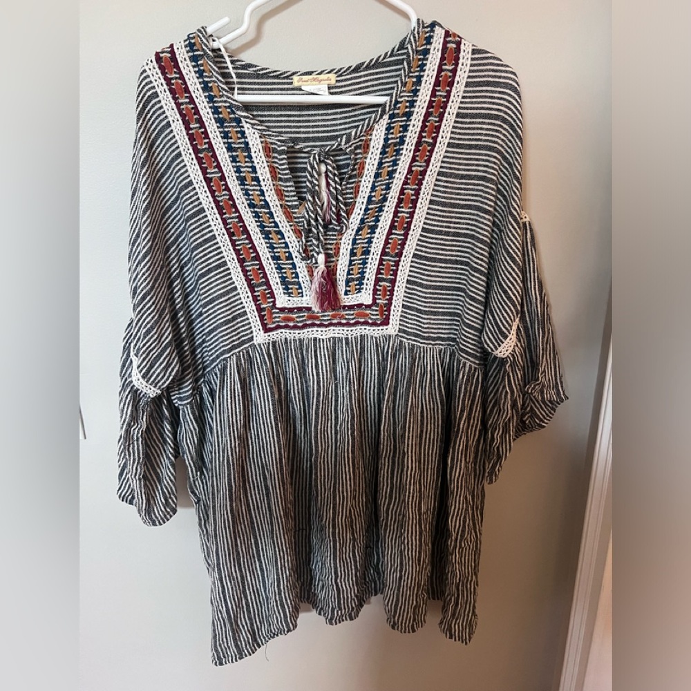 Sweet magnolia flowy striped embroidered boho blouse size xl